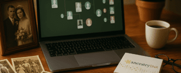 Laptop med Ancestry-stamtræ på skærmen, omgivet af gamle familiefotos, en AncestryDNA-testboks, kaffekop og briller – hyggelig slægtsforskningsscene i varme farver.