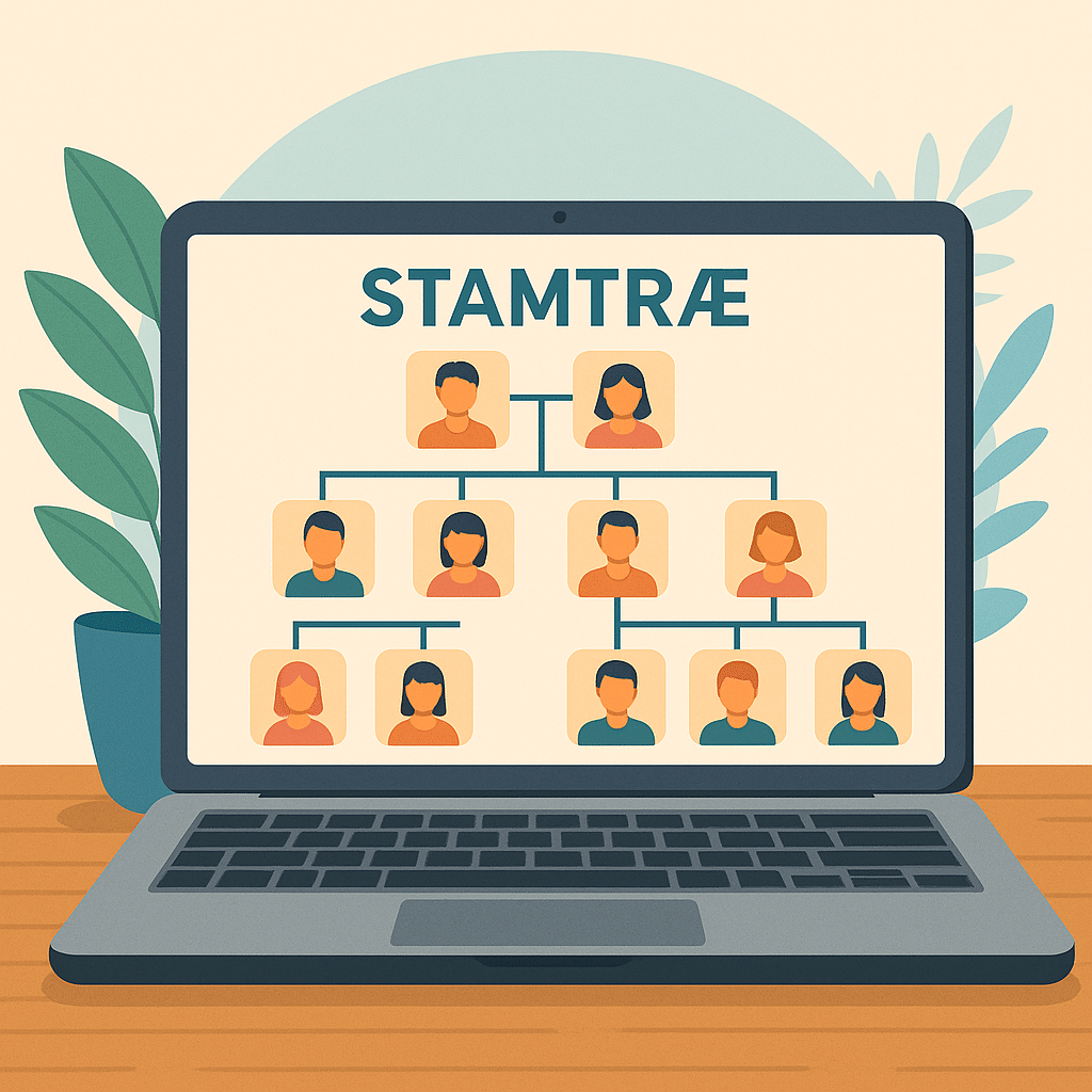 Illustration af digitalt stamtræ vist på en bærbar computer med avatar-ikoner for familiemedlemmer, omgivet af grønne planter på et træbord – moderne og overskuelig visning af familiehistorie.