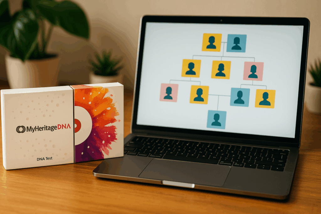 MyHeritage DNA-testkit stående ved siden af en bærbar computer med farverigt stamtræ på skærmen – placeret på et træbord med grønne planter i baggrunden i en rolig og naturlig slægtsforskningsscene.