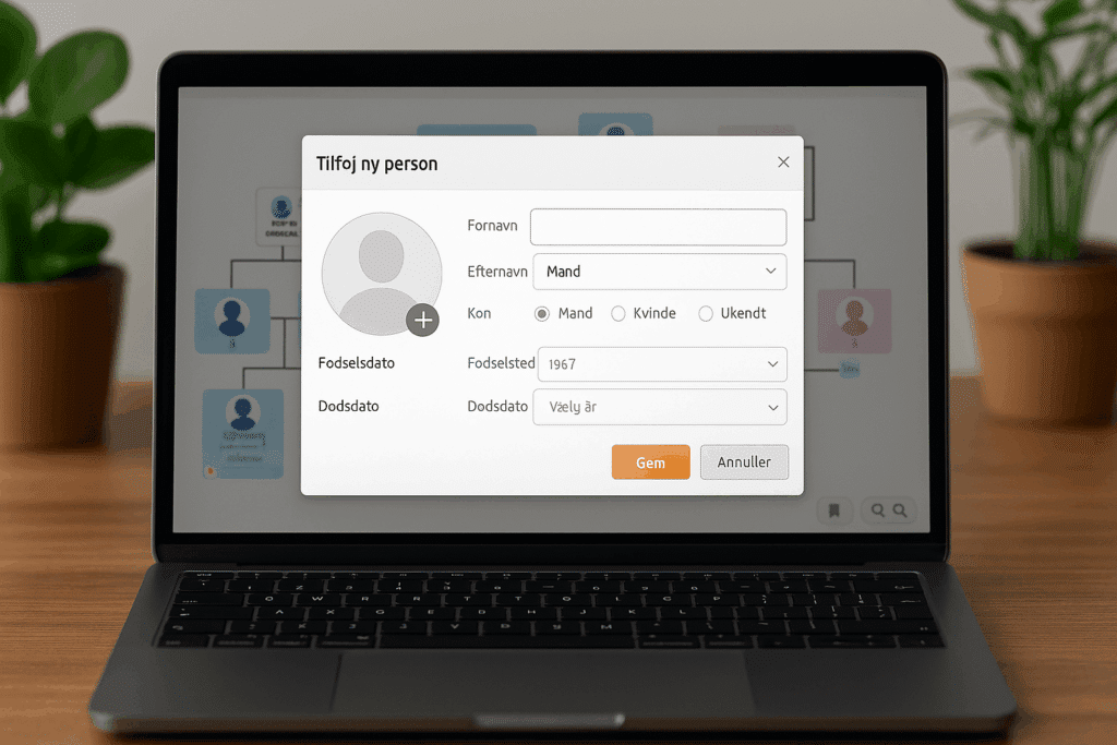 Laptop med dansk stamtræssoftware og “Tilføj person”-vindue åbent, med felter til navn, køn, fødselsdato og fødested – baggrunden viser en farvekodet familieopstilling og grønne planter på træbord.