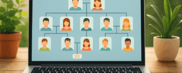 Illustration af digitalt stamtræ på bærbar computer med farvekodede familiemedlemmer i tre generationer, placeret på et træbord med grønne planter og naturligt lys i baggrunden.