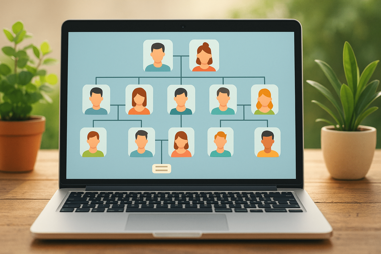 Illustration of a digital family tree on a laptop with color-coded family members across three generations, placed on a wooden table with green plants and natural light in the background.
