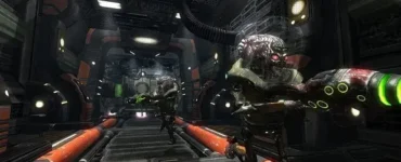 To rumvæsener med blasters i Alien Arena.