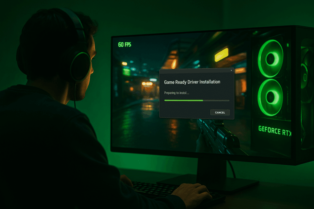Gamer foran skærm med NVIDIA GeForce RTX-pc, der installerer Game Ready Driver, mens et first-person shooter-spil kører i baggrunden med grøn belysning.