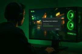Gamer foran skærm med NVIDIA GeForce RTX-pc, der installerer Game Ready Driver, mens et first-person shooter-spil kører i baggrunden med grøn belysning.