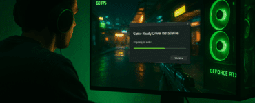 Gamer foran skærm med NVIDIA GeForce RTX-pc, der installerer Game Ready Driver, mens et first-person shooter-spil kører i baggrunden med grøn belysning.