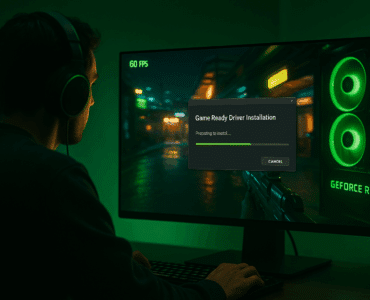 Gamer foran skærm med NVIDIA GeForce RTX-pc, der installerer Game Ready Driver, mens et first-person shooter-spil kører i baggrunden med grøn belysning.