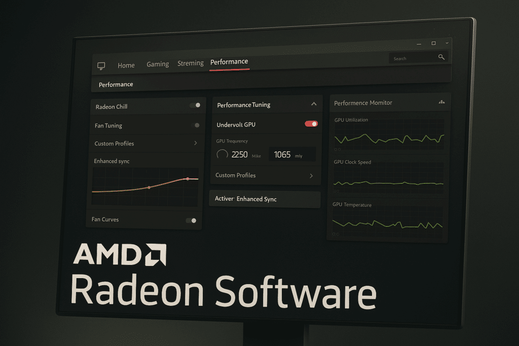 Skærm med AMD Software åben i performance-fanen, der viser undervoltning, fan curves og GPU-overvågning med mørkt tema og grønne grafer.
