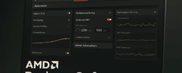 Skærm med AMD Software åben i performance-fanen, der viser undervoltning, fan curves og GPU-overvågning med mørkt tema og grønne grafer.