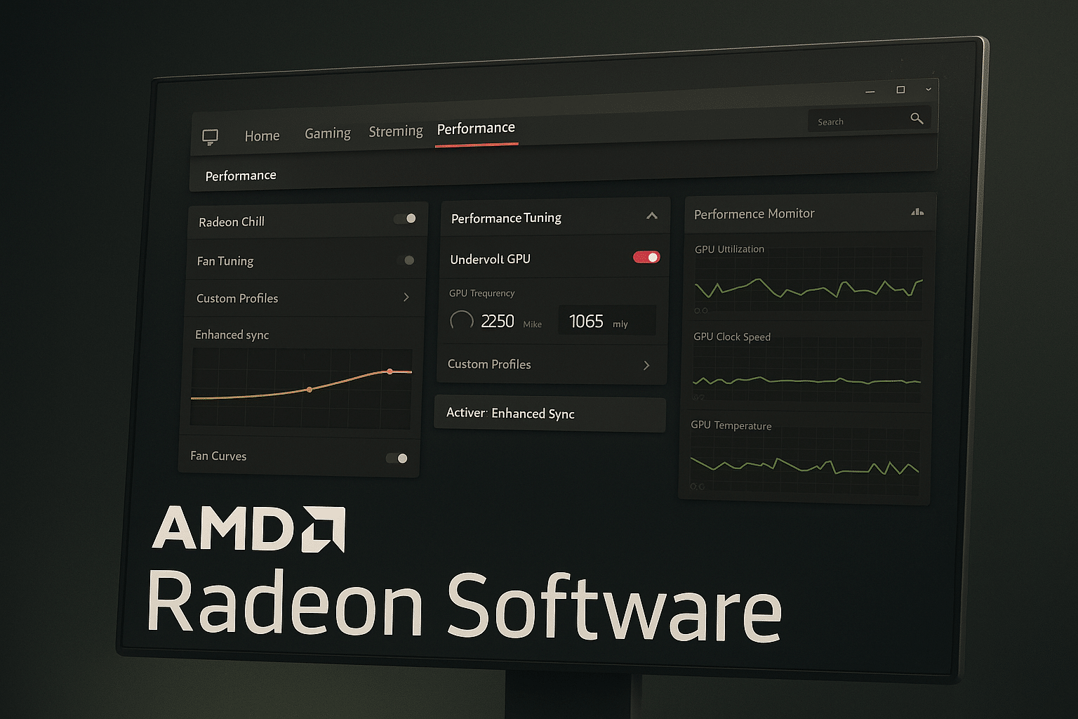 Skjerm med AMD Software åpen i ytelsesfanen, som viser undervolting, viftekurver og GPU-overvåking med mørkt tema og grønne grafer.
