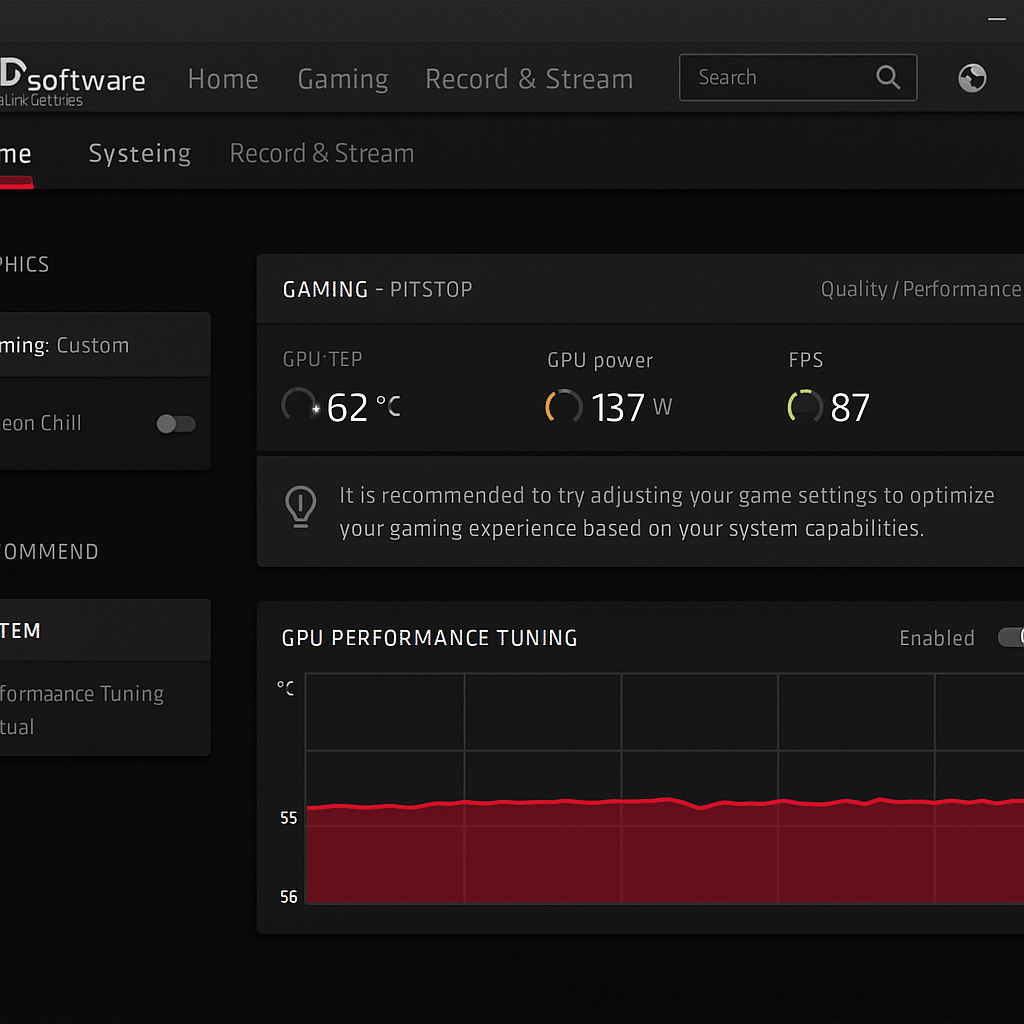 Skærmbillede af AMD Software: Adrenalin Edition med systemoversigt, der viser GPU-temperatur, strømforbrug, FPS og performance tuning-panel med graf over ydelse i realtid.