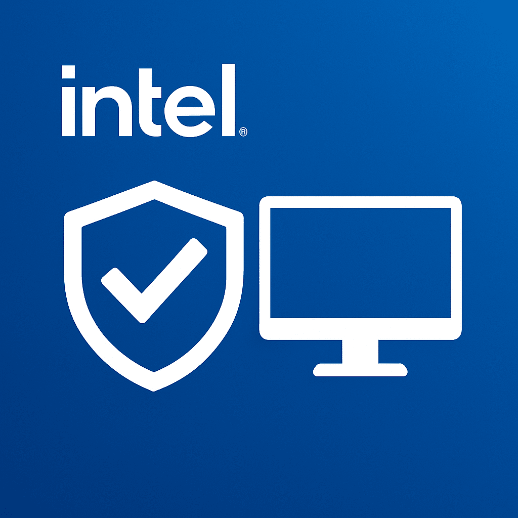 Illustration med Intel-logo, et skjold med flueben og et computerskærmikon på blå baggrund – symboliserer sikker og pålidelig driveropdatering.