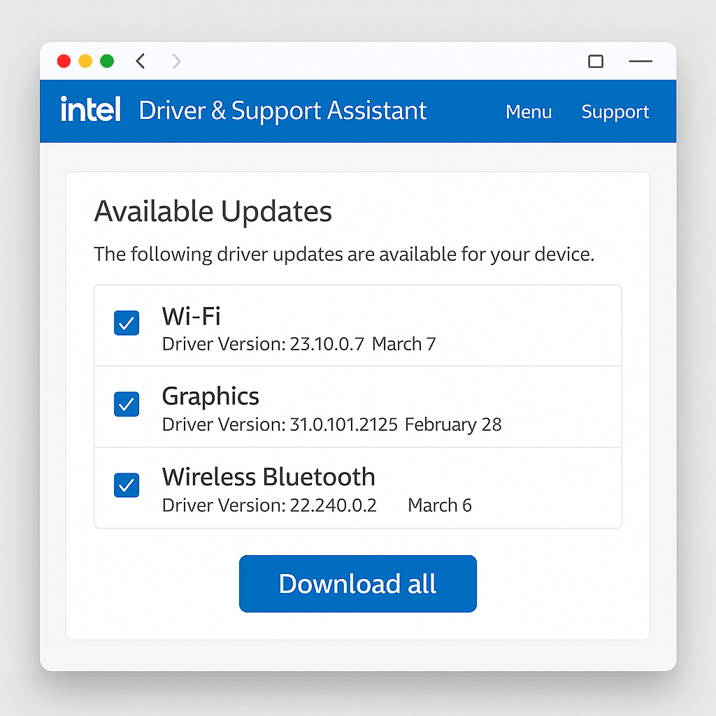 Skærmbillede af Intel Driver & Support Assistant med liste over tilgængelige driveropdateringer til Wi-Fi, Graphics og Bluetooth samt en "Download all"-knap.