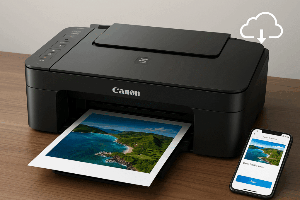 Canon PIXMA-printer i sort finish printer et farverigt foto, mens en smartphone ved siden af viser Canon Print-app med samme billede klar til udskrivning.