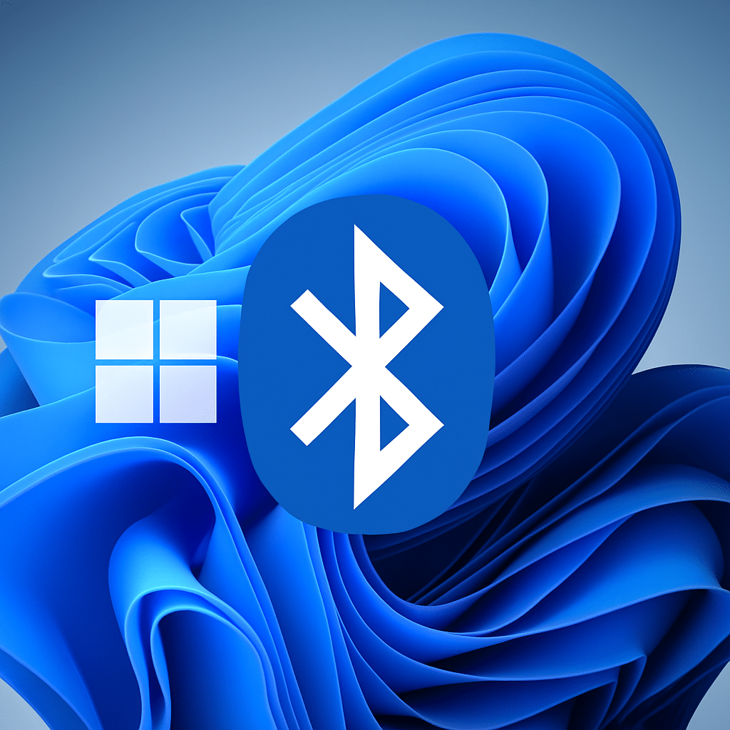 Illustration med hvidt Bluetooth-symbol centreret over blå Windows 11-baggrund med flydende former og Windows-logo i hjørnet.