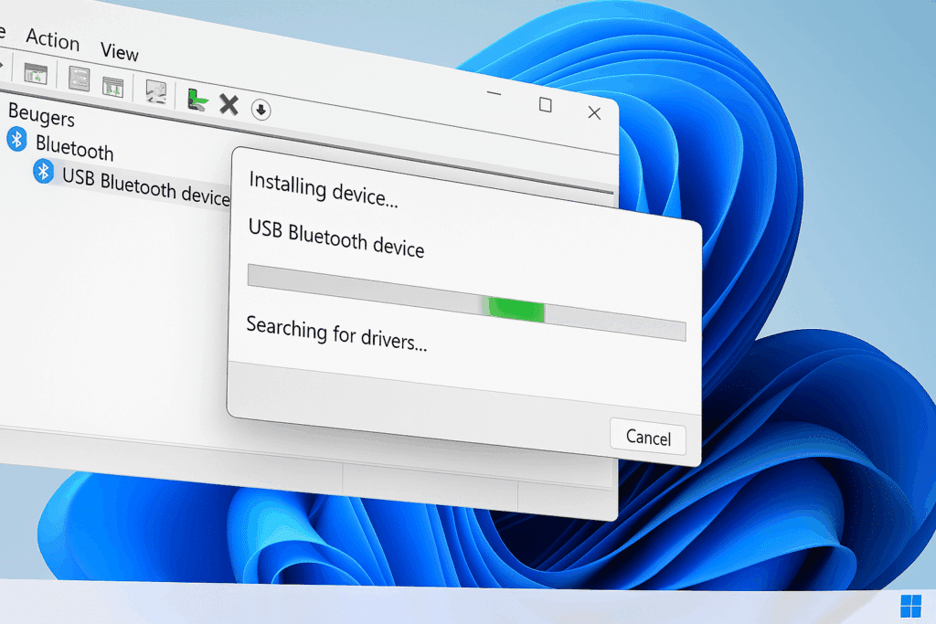 Skærmbillede fra Windows 11, hvor en USB Bluetooth-enhed installeres via Enhedshåndtering med dialogboks, der viser “Searching for drivers…”