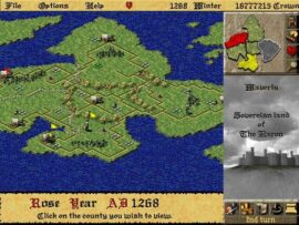 Kortvisning fra Lords of the Realm II, hvor England er opdelt i grevskaber med slotte, byer og veje – viser vintersæsonen i år 1268 og Baronen som hersker over Waverly.