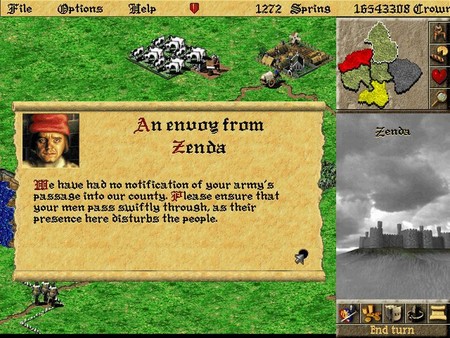 Diplomatisk melding i Lords of the Realm II fra grevskapet Zenda som advarer om uønsket militær tilstedeværelse – vist med middelalderkart og karakterportrett.