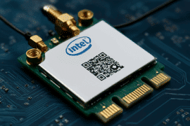 Nærbillede af en Wi-Fi-chip monteret på et computerbundkort, der repræsenterer trådløs netværksteknologi fra Intel.