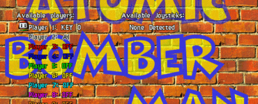 Atomic Bomberman startmenu med spillets logo, spilleropsætning og retro grafisk stil fra PC-versionen