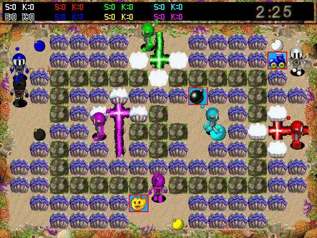 Gameplay fra Atomic Bomberman med flere spillere, bomber, eksplosioner og farverige figurer i klassisk Bomberman-labyrint