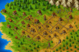 Isometrisk screenshot fra The Settlers II, der viser en middelalderlandsby med bygninger, veje og arbejdere omgivet af skov, bjerge og vand.