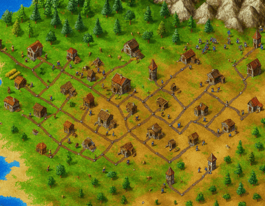 Isometrisk screenshot fra The Settlers II, der viser en middelalderlandsby med bygninger, veje og arbejdere omgivet af skov, bjerge og vand.
