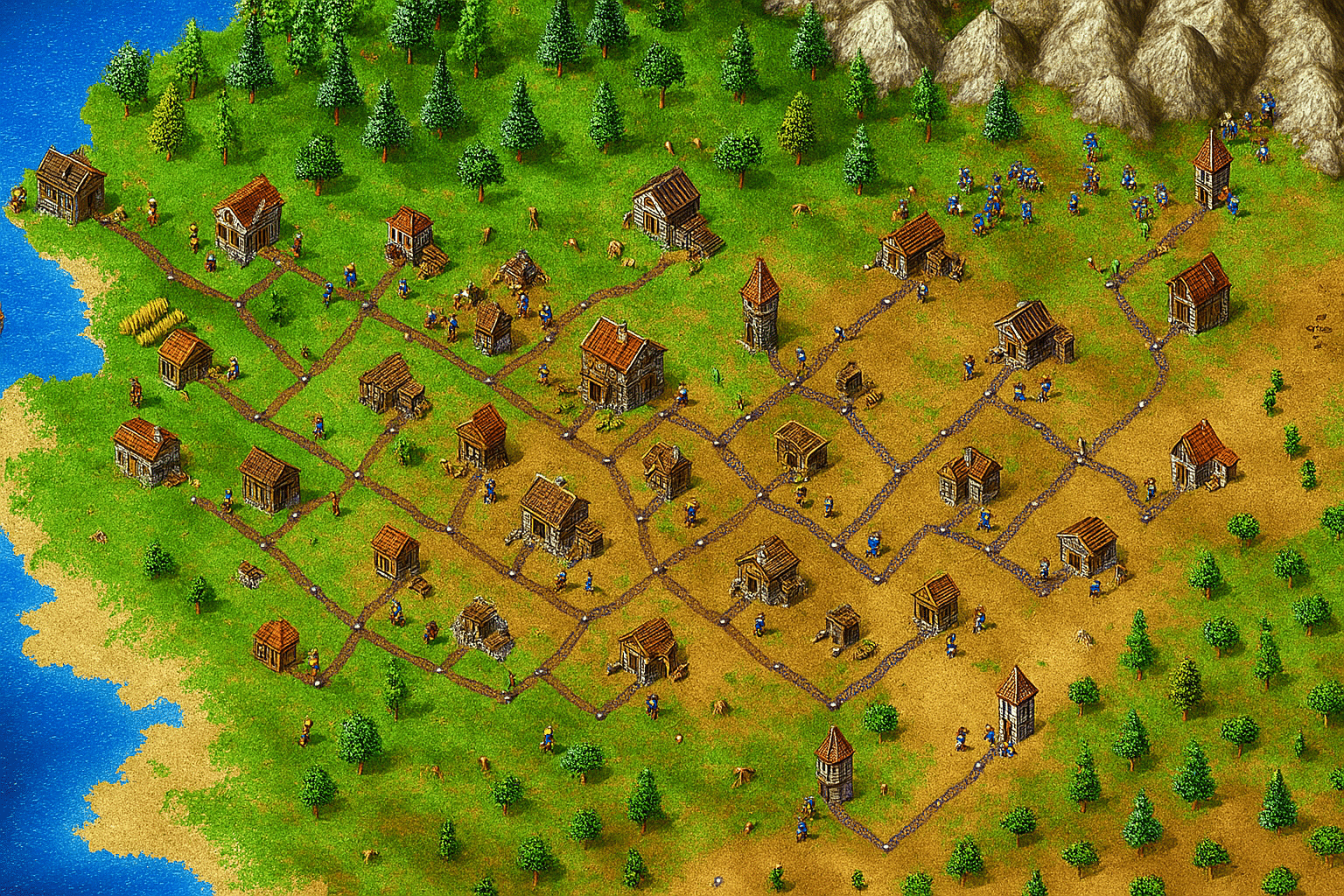 Isometrisk skärmdump från The Settlers II som visar en medeltida by med byggnader, vägar och arbetare omgiven av skog, berg och vatten.