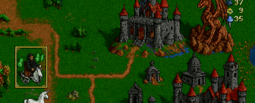Pixel-art screenshot fra Heroes of Might and Magic II, der viser en necromancer-helt på hest med sin hær foran et mørkt slot omgivet af gravpladser, drager og ressourcer på kortet.
