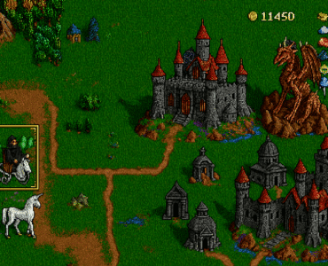 Pixel-art screenshot fra Heroes of Might and Magic II, der viser en necromancer-helt på hest med sin hær foran et mørkt slot omgivet af gravpladser, drager og ressourcer på kortet.