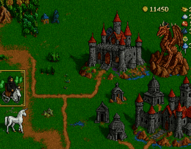 Pixel-art screenshot fra Heroes of Might and Magic II, der viser en necromancer-helt på hest med sin hær foran et mørkt slot omgivet af gravpladser, drager og ressourcer på kortet.