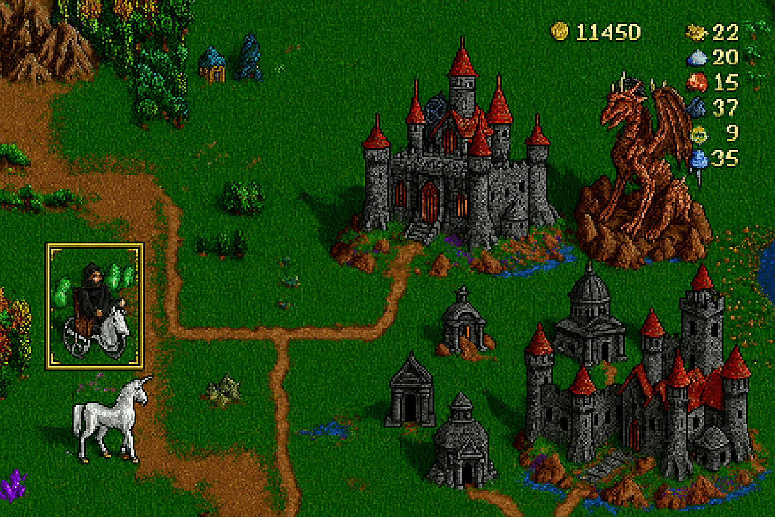 Pixel-art-skjermbilde fra Heroes of Might and Magic II som viser en nekromantiker-helt på hest med hæren sin foran et mørkt slott, omgitt av gravplasser, drager og ressurser på kartet.