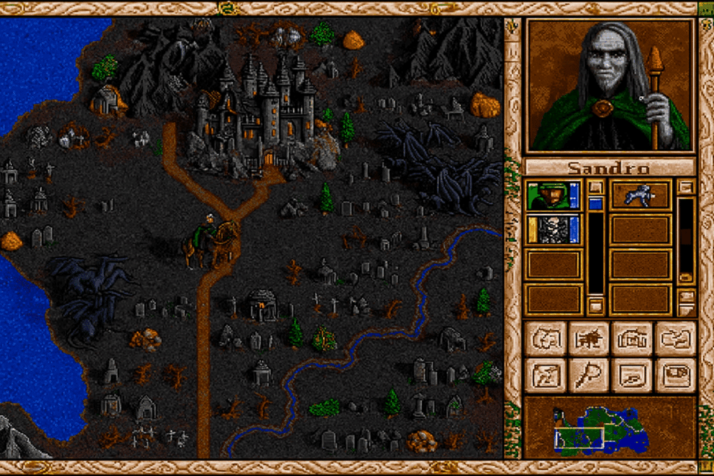 Mockup-screenshot fra Heroes of Might and Magic II, der viser necromancer-helten Sandro foran sit mørke slot omgivet af gravsteder, dystert terræn og ressourcer; højre panel viser heltens portræt, statistik og minimap.