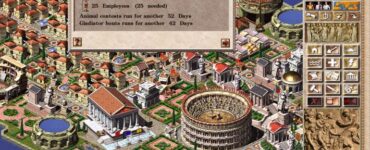 Skærmbillede fra Caesar III, der viser Colosseum i en veludviklet romersk by. Spillet præsenterer isometrisk bybygning med arena, templer, boliger og brugerflade til styring af økonomi, befolkning og underholdning i det klassiske strategispil.