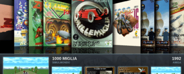 Skærmbillede fra FS-UAE Arcade, der viser en 3D-coverflow-menu med klassiske Amiga-spil, herunder 1000 Miglia fra 1992, præsenteret med spilcovers og gameplay-forhåndsvisninger i retro Amiga-emulatoren.