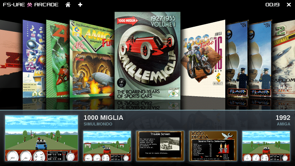 Screenshot von FS-UAE Arcade, der ein 3D-Coverflow-Menü mit klassischen Amiga-Spielen zeigt, darunter 1000 Miglia von 1992, präsentiert mit Spielcovers und Gameplay-Vorschauen im Retro-Amiga-Emulator.