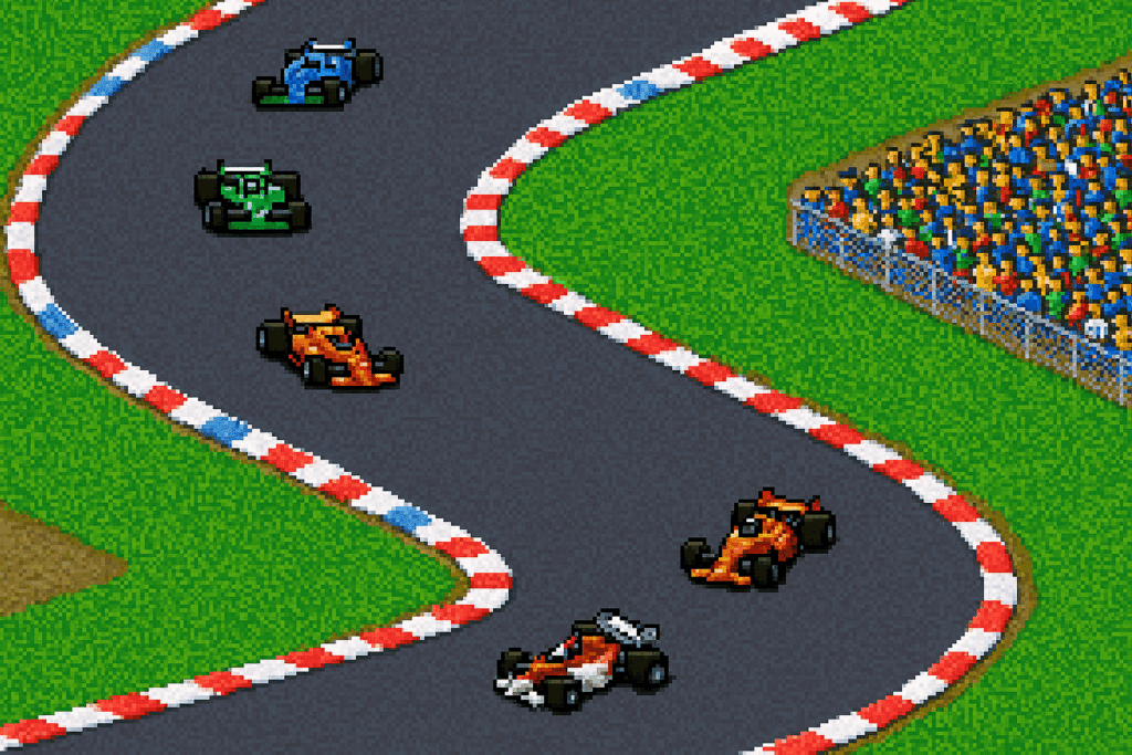 Top-down pixelgrafik af racerbiler på en snoet asfaltbane med farverige tribuner og tilskuere i baggrunden – retro 2D racerspil i klassisk arcade-stil.