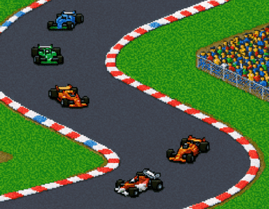 Top-down pixelgrafik af racerbiler på en snoet asfaltbane med farverige tribuner og tilskuere i baggrunden – retro 2D racerspil i klassisk arcade-stil.