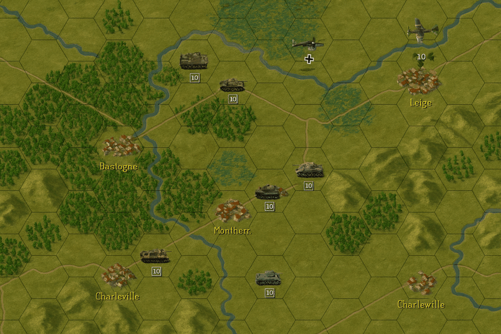 Turn-baseret strategikort fra Panzer General II med tanks, fly og bynavne som Bastogne og Charleville på et sekskantet feltkort over Europa.