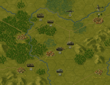 Turn-baseret strategikort fra Panzer General II med tanks, fly og bynavne som Bastogne og Charleville på et sekskantet feltkort over Europa.