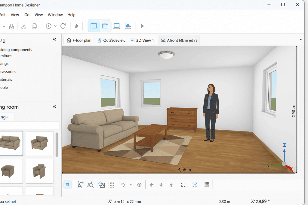 Screenshot fra vores test af Ashampoo Home Designer på Windows 11, hvor et 3D-design af en moderne stue vises med sofa, bord og vinduer i programvinduet.