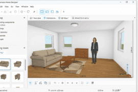Screenshot fra vores test af Ashampoo Home Designer på Windows 11, hvor et 3D-design af en moderne stue vises med sofa, bord og vinduer i programvinduet.