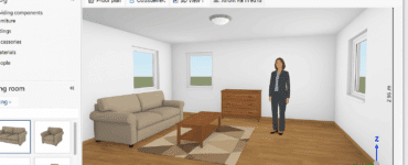Screenshot fra vores test af Ashampoo Home Designer på Windows 11, hvor et 3D-design af en moderne stue vises med sofa, bord og vinduer i programvinduet.