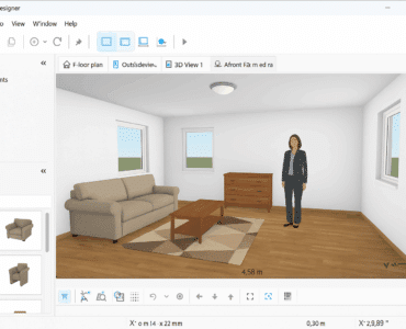 Screenshot fra vores test af Ashampoo Home Designer på Windows 11, hvor et 3D-design af en moderne stue vises med sofa, bord og vinduer i programvinduet.