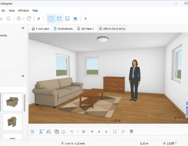 Screenshot fra vores test af Ashampoo Home Designer på Windows 11, hvor et 3D-design af en moderne stue vises med sofa, bord og vinduer i programvinduet.