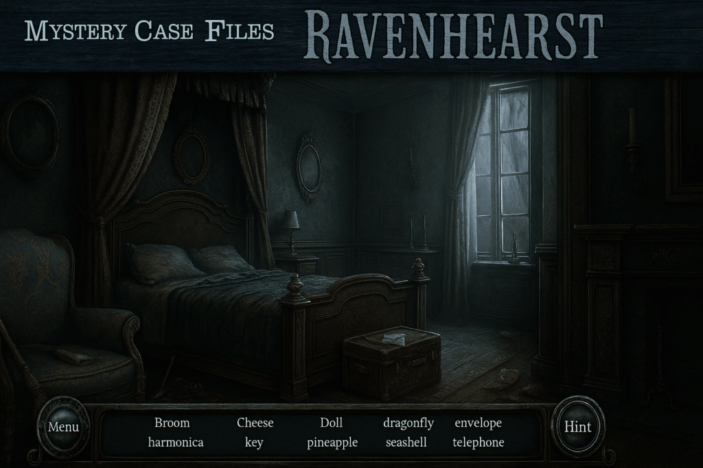 Screenshot fra Mystery Case Files: Ravenhearst, der viser et mørkt victoriansk soveværelse med seng, gamle møbler og en liste af skjulte objekter nederst på skærmen som en del af spillets interface.