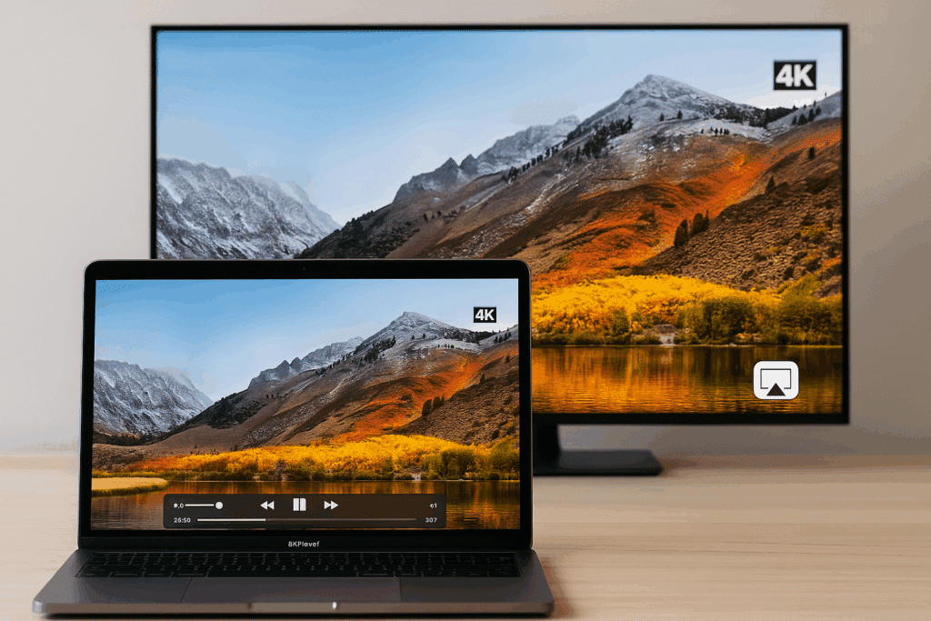 MacBook og TV viser samme 4K-video via AirPlay med bjerglandskab og efterårsfarver, som illustrerer trådløs streaming med 5KPlayer på Mac.