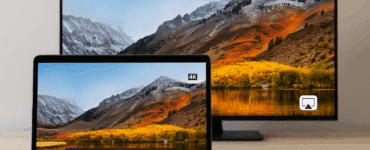 MacBook og TV viser samme 4K-video via AirPlay med bjerglandskab og efterårsfarver, som illustrerer trådløs streaming med 5KPlayer på Mac.