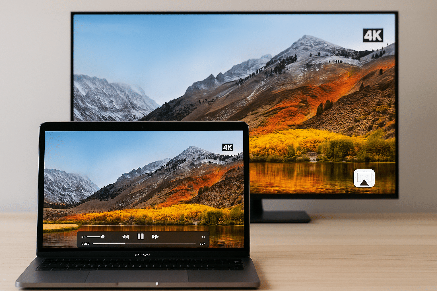 MacBook og TV viser samme 4K-video via AirPlay med fjellandskap og høstfarger, som illustrerer trådløs strømming med 5KPlayer på Mac.