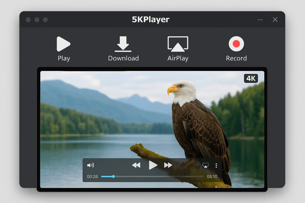 Skærmbillede af 5KPlayer medieafspiller, der viser en pausefunktion på en 4K-video med en havørn foran en sø og bjerge, med tydelige ikoner for afspilning, download, AirPlay og optagelse.